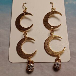NWT HANDMADE GOLDTONE HALF MOON WITH RHINESTONE EARRINGS